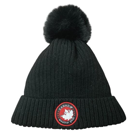 Canada Weather Gear Women's Black Rib Knit Pom Pom Logo Patch Beanie Cap Hat OS - Picture 1 of 4